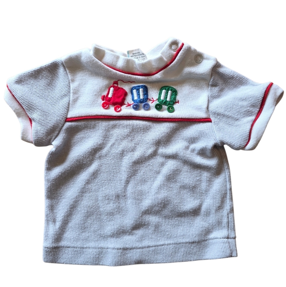Vintage Baby Train Shirt 6-9M White Thermal Embroidered Retro Top 80s 90s